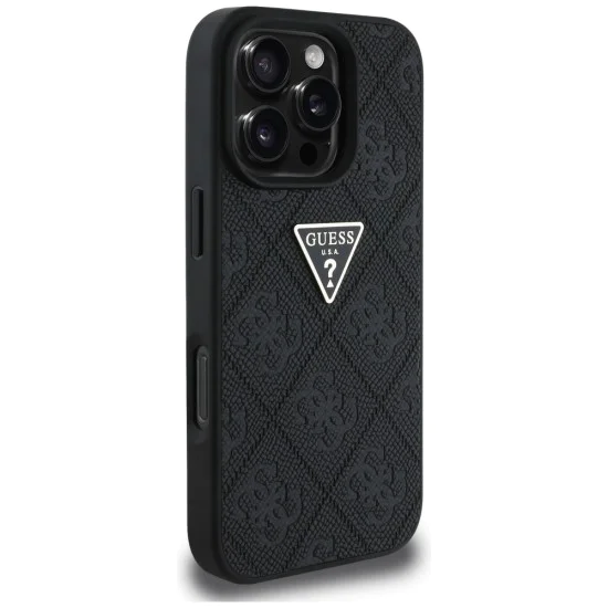Калъф за iPhone 16 Pro - Кожен Hot Stamp 4G Pattern Triangle Metal Logo (GUHCP16LPGP4STRK) - Черен