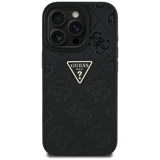 Калъф за iPhone 16 Pro - Кожен Hot Stamp 4G Pattern Triangle Metal Logo (GUHCP16LPGP4STRK) - Черен