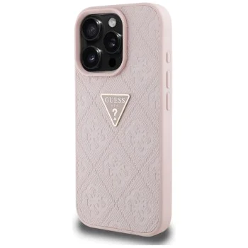 Калъф за iPhone 16 Pro Max - Guess - Leather Hot Stamp 4G Pattern Triangle Metal Logo (GUHCP16XPGP4STRP) - Розов