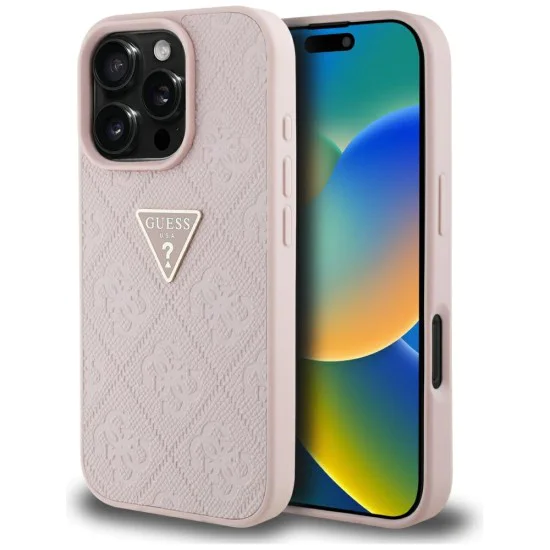 Калъф за iPhone 16 Pro Max - Guess - Leather Hot Stamp 4G Pattern Triangle Metal Logo (GUHCP16XPGP4STRP) - Розов