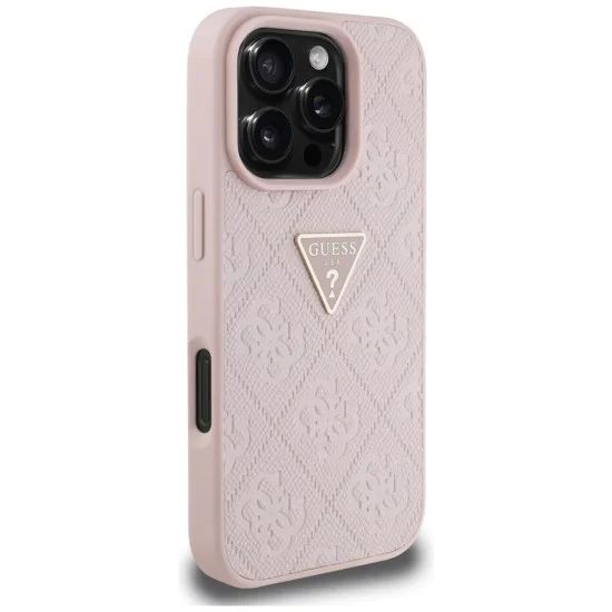 Калъф за iPhone 16 Pro Max - Guess - Leather Hot Stamp 4G Pattern Triangle Metal Logo (GUHCP16XPGP4STRP) - Розов