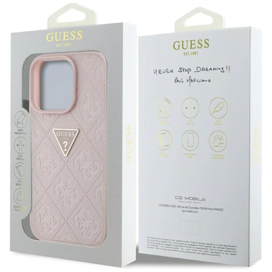 Калъф за iPhone 16 Pro Max - Guess - Leather Hot Stamp 4G Pattern Triangle Metal Logo (GUHCP16XPGP4STRP) - Розов