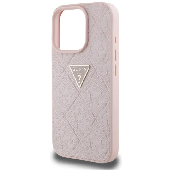 Калъф за iPhone 16 Pro Max - Guess - Leather Hot Stamp 4G Pattern Triangle Metal Logo (GUHCP16XPGP4STRP) - Розов