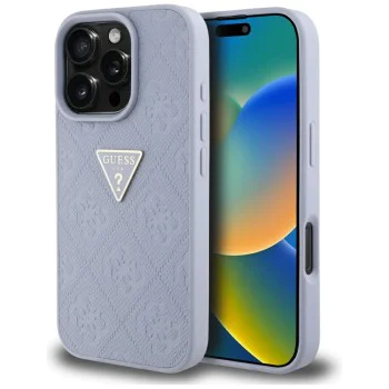 Калъф за iPhone 16 Pro Max - Guess - Leather Hot Stamp 4G Pattern Triangle Metal Logo (GUHCP16XPGP4STRU) - Светло лилав