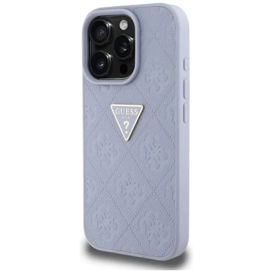 Калъф за iPhone 16 Pro Max - Guess - Leather Hot Stamp 4G Pattern Triangle Metal Logo (GUHCP16XPGP4STRU) - Светло лилав