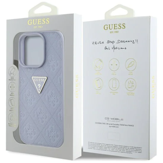 Калъф за iPhone 16 Pro Max - Guess - Leather Hot Stamp 4G Pattern Triangle Metal Logo (GUHCP16XPGP4STRU) - Светло лилав