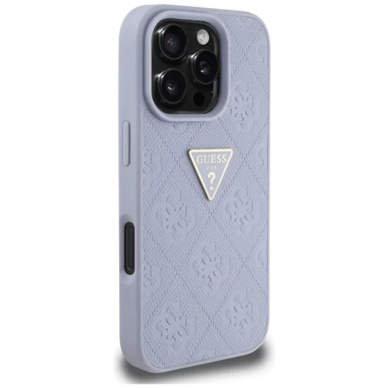 Калъф за iPhone 16 Pro Max - Guess - Leather Hot Stamp 4G Pattern Triangle Metal Logo (GUHCP16XPGP4STRU) - Светло лилав