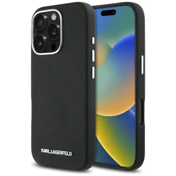 Калъф за iPhone 16 Pro - Saffiano Full Wrapped Elongated Metal Logo MagSafe (KLHMP16LPSAFWMCK) - Черен