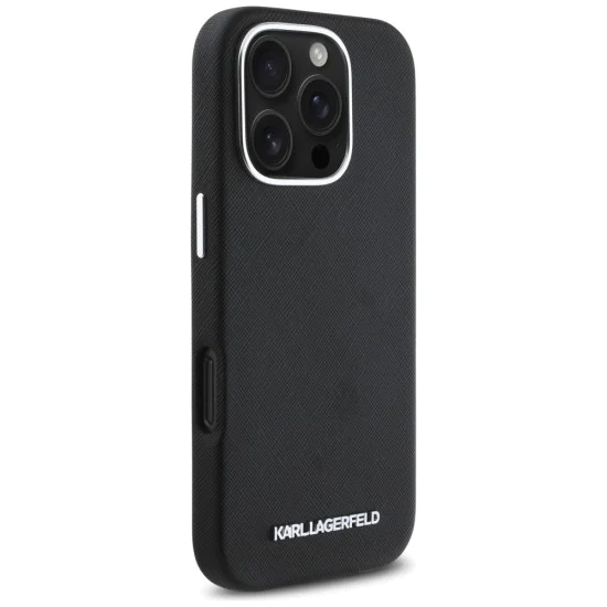 Калъф за iPhone 16 Pro - Saffiano Full Wrapped Elongated Metal Logo MagSafe (KLHMP16LPSAFWMCK) - Черен