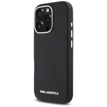 Калъф за iPhone 16 Pro Max - Karl Lagerfeld - Saffiano Full Wrapped Elongated Metal Logo MagSafe (KLHMP16XPSAFWMCK) - Черен