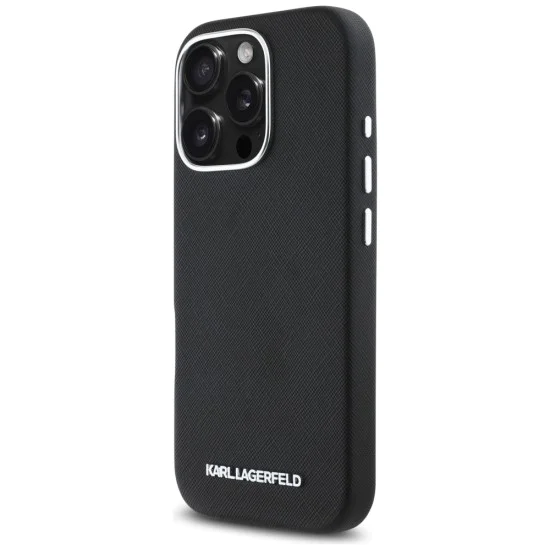 Калъф за iPhone 16 Pro Max - Karl Lagerfeld - Saffiano Full Wrapped Elongated Metal Logo MagSafe (KLHMP16XPSAFWMCK) - Черен