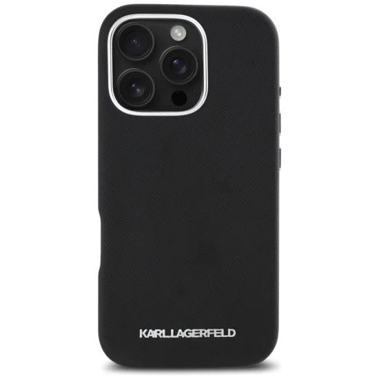 Калъф за iPhone 16 Pro Max - Karl Lagerfeld - Saffiano Full Wrapped Elongated Metal Logo MagSafe (KLHMP16XPSAFWMCK) - Черен