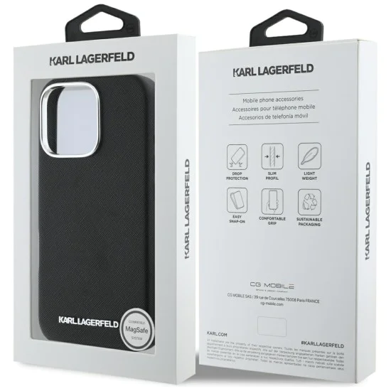 Калъф за iPhone 16 Pro Max - Karl Lagerfeld - Saffiano Full Wrapped Elongated Metal Logo MagSafe (KLHMP16XPSAFWMCK) - Черен