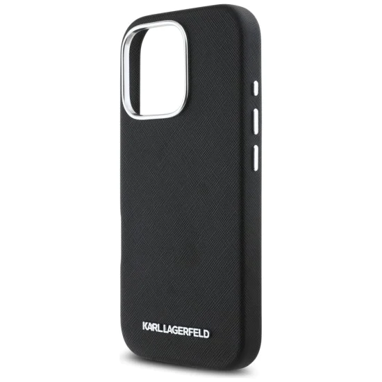 Калъф за iPhone 16 Pro Max - Karl Lagerfeld - Saffiano Full Wrapped Elongated Metal Logo MagSafe (KLHMP16XPSAFWMCK) - Черен
