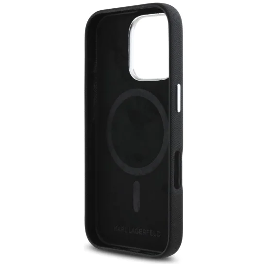 Калъф за iPhone 16 Pro Max - Karl Lagerfeld - Saffiano Full Wrapped Elongated Metal Logo MagSafe (KLHMP16XPSAFWMCK) - Черен