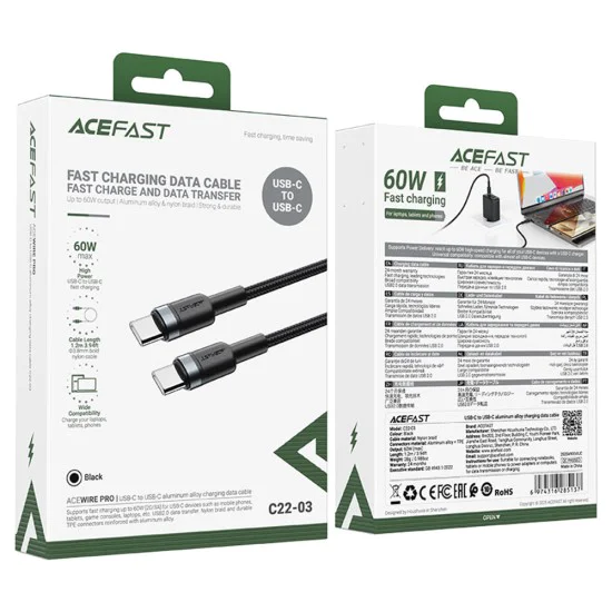 Кабел за данни / зареждане – Acefast C22-03 – Type-C към Type-C, Fast Charge, 60W, 3A, оплетка Nylon, 1.2m – Черен
