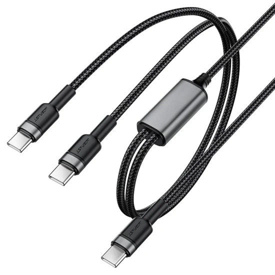 Кабел за данни / зареждане – Acefast C22-02 – Type-C към 2x Type-C, Fast Charge, 100W, 5A, Nylon Braid, 1.25m – Черен