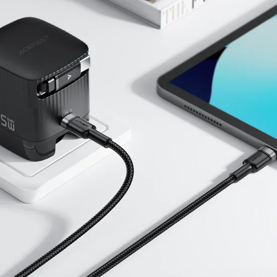 Кабел за данни / зареждане – Acefast C22-02 – Type-C към 2x Type-C, Fast Charge, 100W, 5A, Nylon Braid, 1.25m – Черен