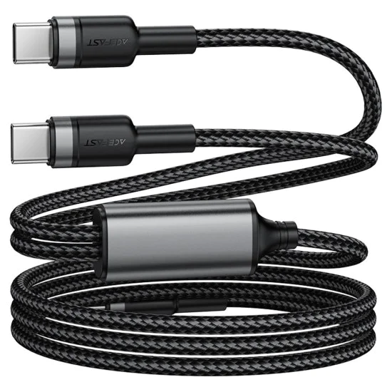 Кабел за данни / зареждане – Acefast C22-02 – Type-C към 2x Type-C, Fast Charge, 100W, 5A, Nylon Braid, 1.25m – Черен