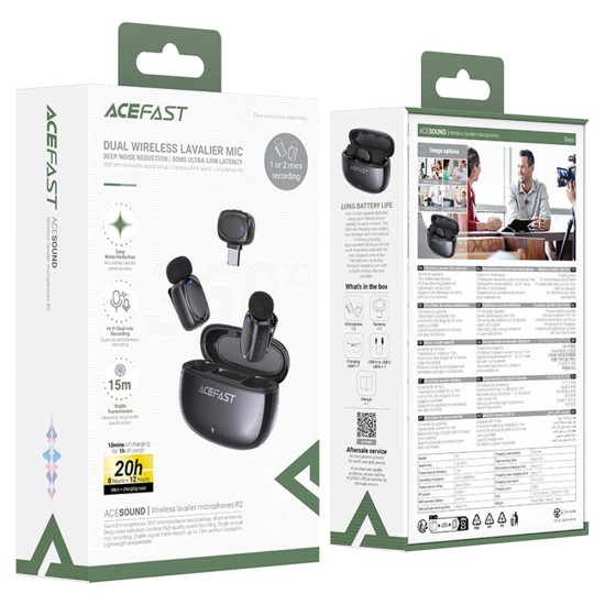 Лавалерни микрофони – Acefast R2 – Type-C, 360°, шумопотискане, двоен запис, 300mAh, ниска латентност – Черен