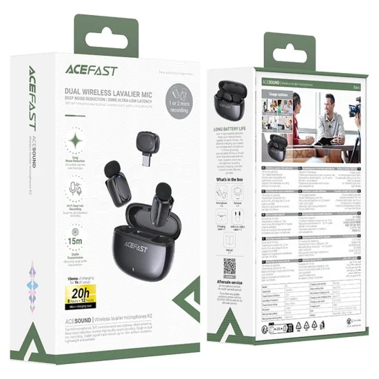 Лавалерни микрофони – Acefast R2 – Type-C, 360°, шумопотискане, двоен запис, 300mAh, ниска латентност – Черен
