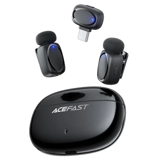 Лавалерни микрофони – Acefast R2 – Type-C, 360°, шумопотискане, двоен запис, 300mAh, ниска латентност – Черен