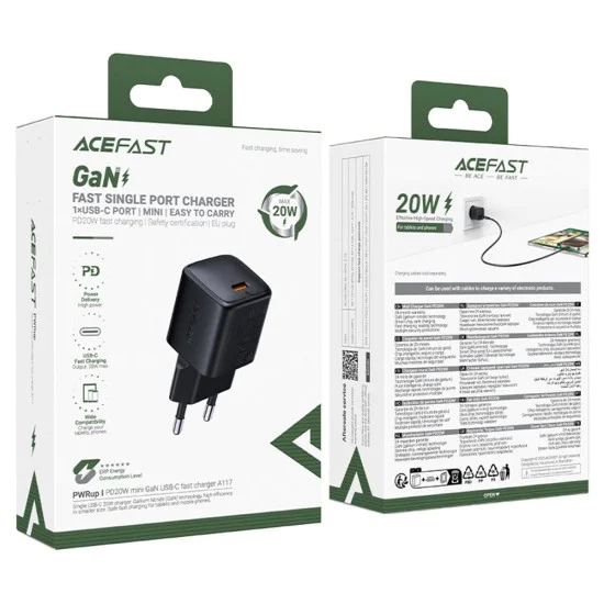 Зарядно за стена – Acefast A117 – GaN, PD20W, мини дизайн, USB-C изход – Черен