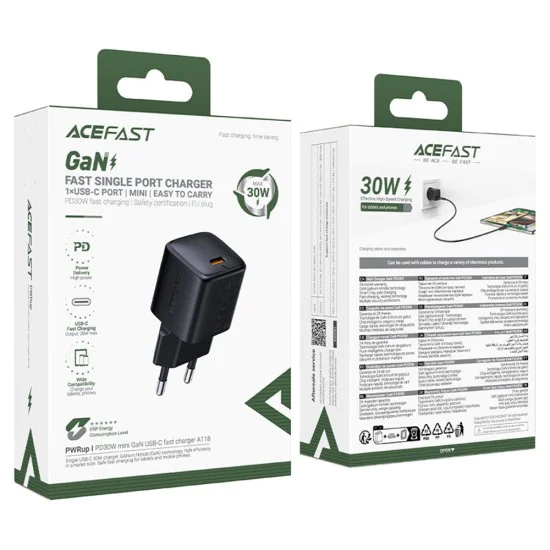 Зарядно за стена – Acefast A118 – GaN, Fast Charge, PD30W, мини дизайн, USB-C изход – Черен