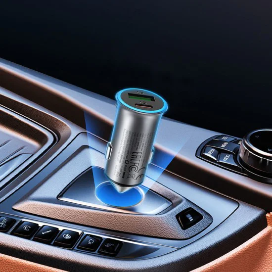 Зарядно за автомобил – Acefast B16 – Fast Charge, USB, Type-C, 95W, PD3.0, лед ефект, алуминий – Металносив - Сив