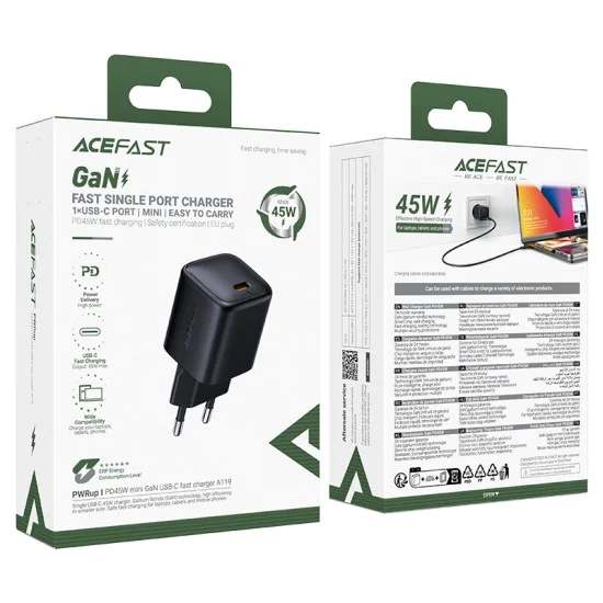Зарядно за стена – Acefast A119 – GaN, Fast Charge, PD45W, мини дизайн, USB-C изход – Черен