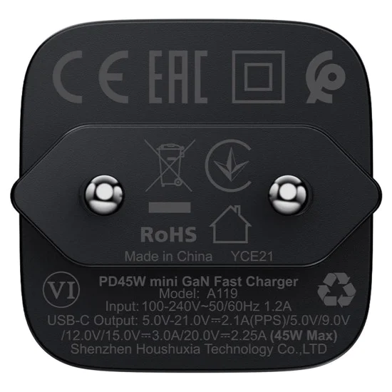Зарядно за стена – Acefast A119 – GaN, Fast Charge, PD45W, мини дизайн, USB-C изход – Черен