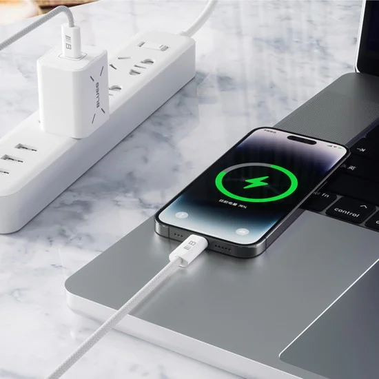 Blueo - Кабел за данни - Type-C към Lightning, бързо зареждане, оплетен, 1.2 м - Бял