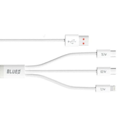 Blueo - 3в1 кабел за данни - USB-A към 2x Type-C, Lightning, бързо зареждане, оплетен - бял