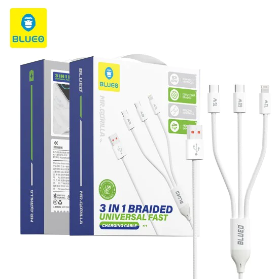 Blueo - 3в1 кабел за данни - USB-A към 2x Type-C, Lightning, бързо зареждане, оплетен - бял