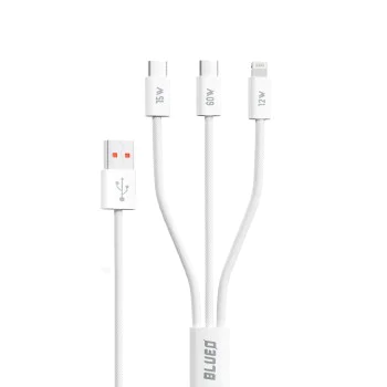 Blueo - 3в1 кабел за данни - USB-A към 2x Type-C, Lightning, бързо зареждане, оплетен - бял