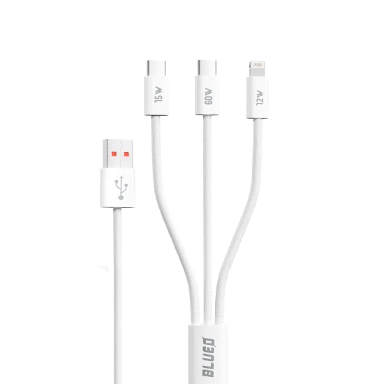 Blueo - 3в1 кабел за данни - USB-A към 2x Type-C, Lightning, бързо зареждане, оплетен - бял
