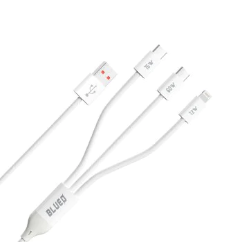 Blueo - 3в1 кабел за данни - USB-A към 2x Type-C, Lightning, бързо зареждане, оплетен - бял
