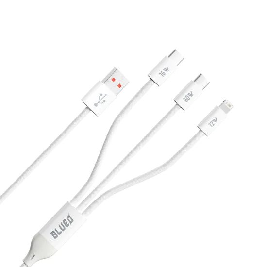 Blueo - 3в1 кабел за данни - USB-A към 2x Type-C, Lightning, бързо зареждане, оплетен - бял