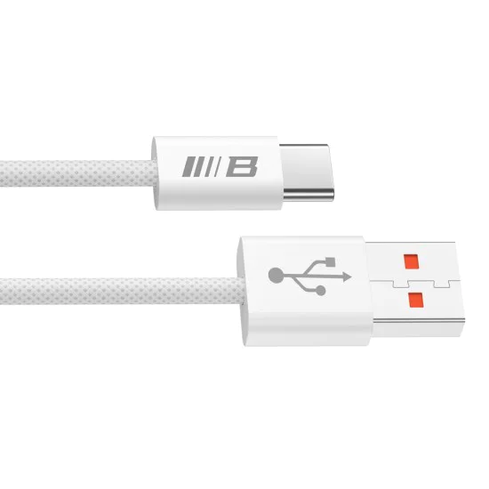 Blueo - Кабел за данни - USB-A към Type-C, оплетен, бързо зареждане, 6A - Бял