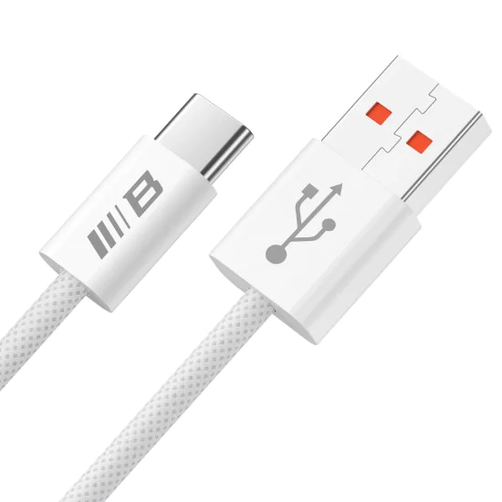 Blueo - Кабел за данни - USB-A към Type-C, оплетен, бързо зареждане, 6A - Бял