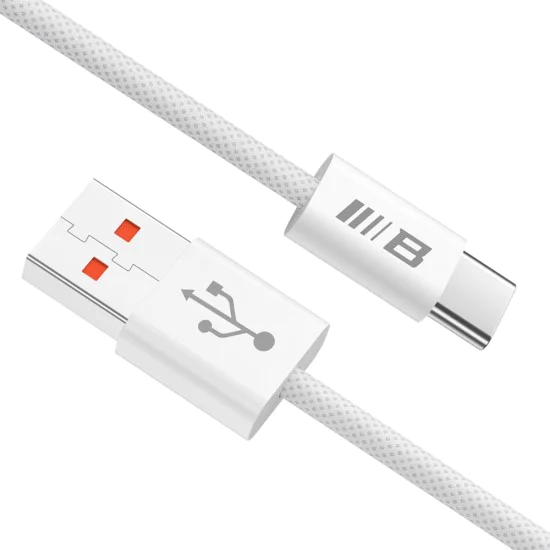 Blueo - Кабел за данни - USB-A към Type-C, оплетен, бързо зареждане, 6A - Бял
