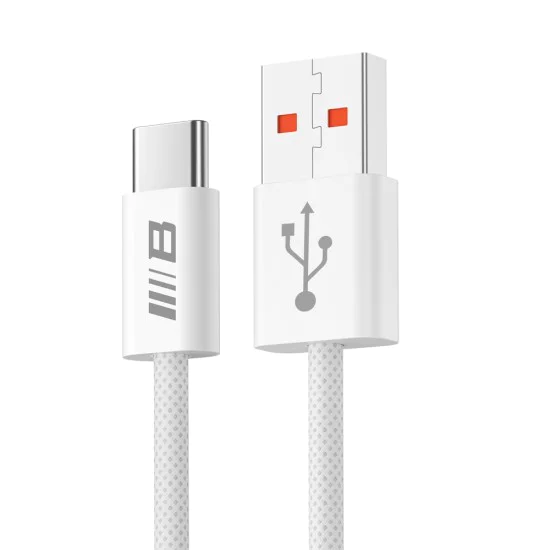 Blueo - Кабел за данни - USB-A към Type-C, оплетен, бързо зареждане, 6A - Бял