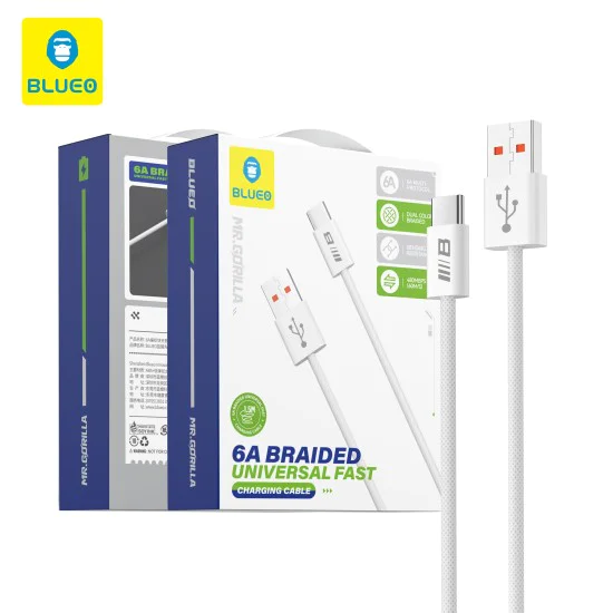 Blueo - Кабел за данни - USB-A към Type-C, оплетен, бързо зареждане, 6A - Бял