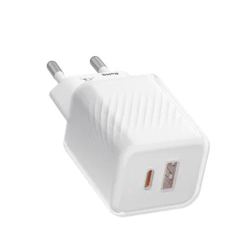 Blueo - Зарядно за стена с два порта - 1x USB, 1x Type-C, GaN технология, бързо зареждане, елегантен завършек, PD3.0, 35W - бяло