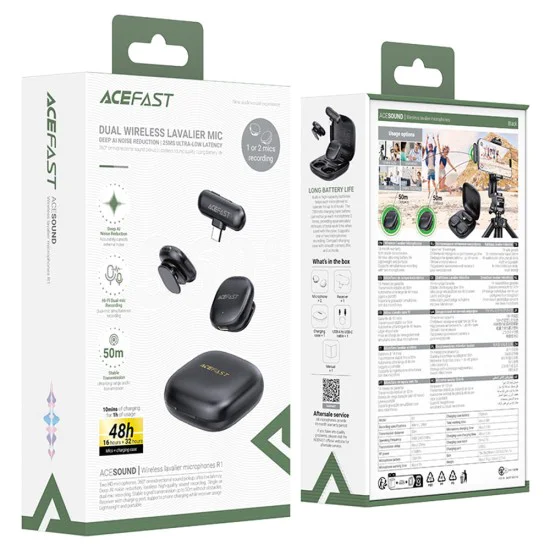 Лавалерни микрофони – Acefast R1 – Type-C, 360° обхват, шумопотискане, 750mAh, ниска латентност – Черен
