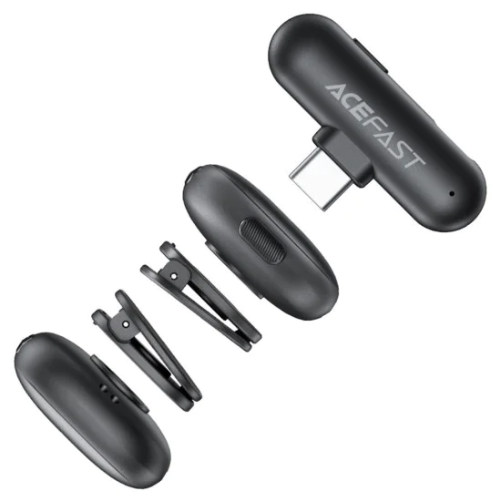 Лавалерни микрофони – Acefast R1 – Type-C, 360° обхват, шумопотискане, 750mAh, ниска латентност – Черен