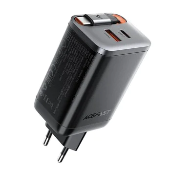 Зарядно за стена – Acefast A111 – с прибиращ се кабел, Fast Charging, GaN, 2x Type-C + USB, 67W, 3A, 65 cm – Черен