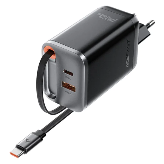 Зарядно за стена – Acefast A111 – с прибиращ се кабел, Fast Charging, GaN, 2x Type-C + USB, 67W, 3A, 65 cm – Черен