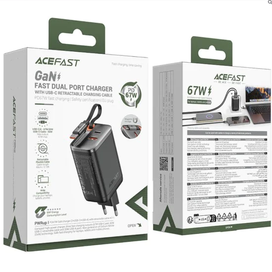 Зарядно за стена – Acefast A111 – с прибиращ се кабел, Fast Charging, GaN, 2x Type-C + USB, 67W, 3A, 65 cm – Черен