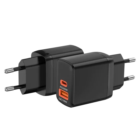 Techsuit - Зарядно за стена Duonix20W (CH2) - Type-C, USB, Двойно зарядно за пътуване 20W - Черно